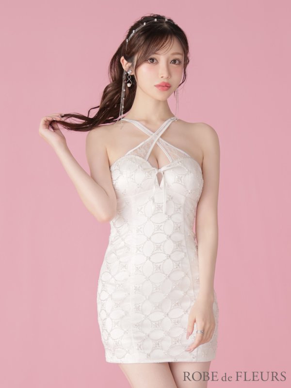 画像12: XSサイズあり【ROBE de FLEURS/ローブドフルール】サテンチュールリボン/ クロスネック/ タイト/ ミニドレス/ キャバドレス[OF08]