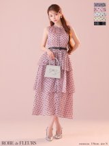 XS-Lサイズあり【ROBE de FLEURS/ローブドフルール】ベルト付き/ ドットオーガンジー/ ティアード/ フレア/ ミディアムドレス/ キャバドレス【HC02】