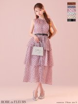XS-Lサイズあり【ROBE de FLEURS/ローブドフルール】ベルト付き/ ドットオーガンジー/ ティアード/ フレア/ ミディアムドレス/ キャバドレス[OF08]