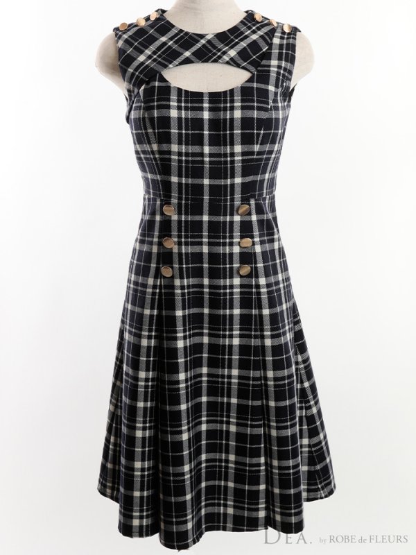 画像6: Lサイズあり【DEA./ディア】レトロ風チェック/ バストカット/ ノースリーブ/ フレア/ ワンピース/ 膝丈/ ミディアムドレス/ キャバドレス【OF08】