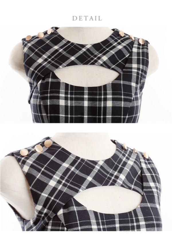 画像7: Lサイズあり【DEA./ディア】レトロ風チェック/ バストカット/ ノースリーブ/ フレア/ ワンピース/ 膝丈/ ミディアムドレス/ キャバドレス【OF08】