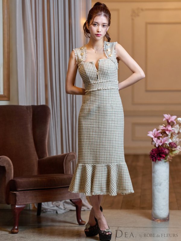 画像7: Lサイズあり【DEA./ディア】スプリングツイード/ マーメイド/ フリル/ ゴールドボタン/ ジップ/ ミモレ丈/ ワンピース/ キャバドレス【OF08】