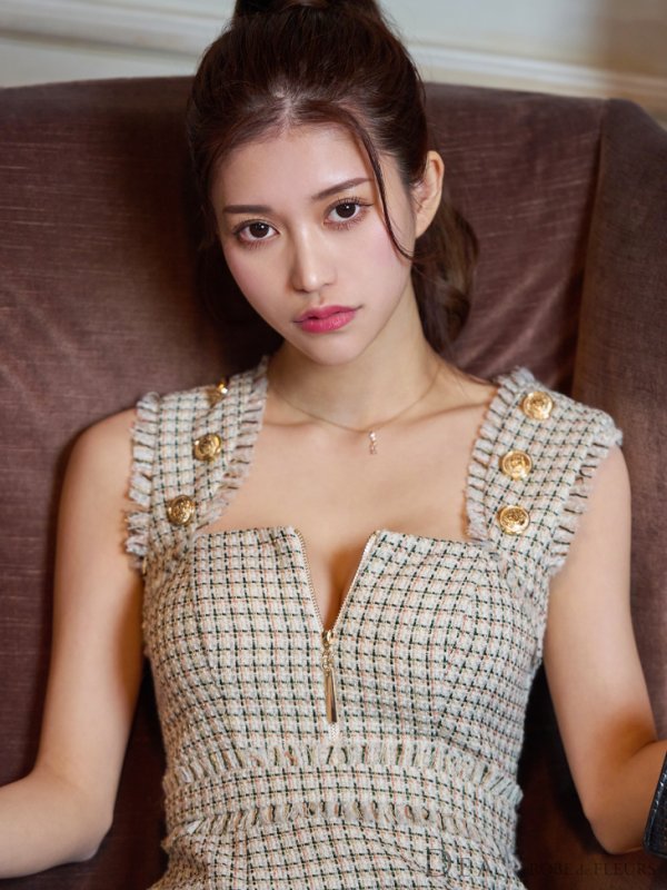 画像8: Lサイズあり【DEA./ディア】スプリングツイード/ マーメイド/ フリル/ ゴールドボタン/ ジップ/ ミモレ丈/ ワンピース/ キャバドレス【OF08】