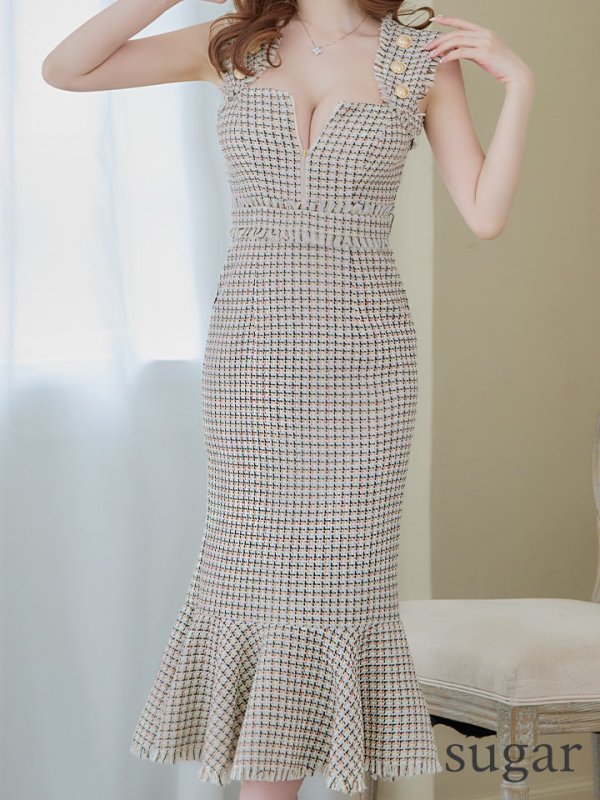 画像14: Lサイズあり【DEA./ディア】スプリングツイード/ マーメイド/ フリル/ ゴールドボタン/ ジップ/ ミモレ丈/ ワンピース/ キャバドレス【OF08】