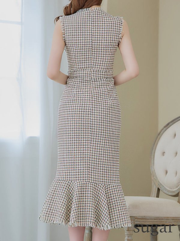 画像15: Lサイズあり【DEA./ディア】スプリングツイード/ マーメイド/ フリル/ ゴールドボタン/ ジップ/ ミモレ丈/ ワンピース/ キャバドレス【OF08】