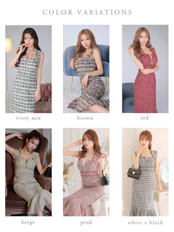 画像14: Lサイズあり【DEA./ディア】スプリングツイード/ マーメイド/ フリル/ ゴールドボタン/ ジップ/ ミモレ丈/ ワンピース/ キャバドレス【OF08】