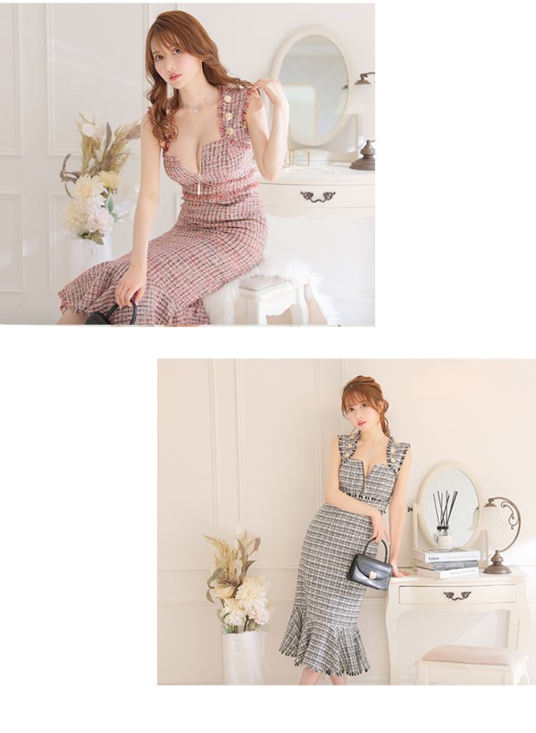 画像10: Lサイズあり【DEA./ディア】スプリングツイード/ マーメイド/ フリル/ ゴールドボタン/ ジップ/ ミモレ丈/ ワンピース/ キャバドレス【OF08】