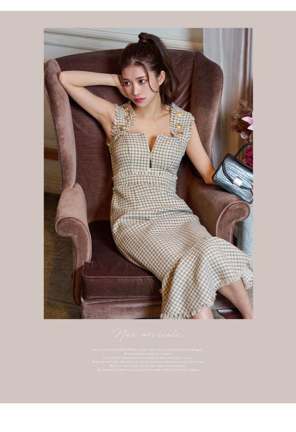 画像19: Lサイズあり【DEA./ディア】スプリングツイード/ マーメイド/ フリル/ ゴールドボタン/ ジップ/ ミモレ丈/ ワンピース/ キャバドレス【OF08】