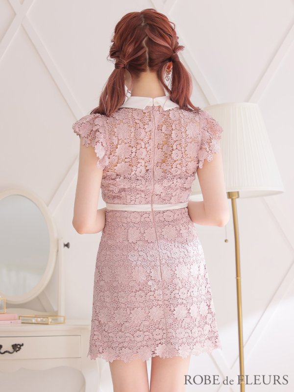 画像7: XSサイズあり【ROBE de FLEURS/ローブドフルール】襟付きリボン/ フラワーレース/ タイト/ ショートスリーブ/ ミニドレス/ キャバドレス[OF08]