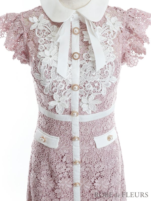画像13: XSサイズあり【ROBE de FLEURS/ローブドフルール】襟付きリボン/ フラワーレース/ タイト/ ショートスリーブ/ ミニドレス/ キャバドレス[OF08]