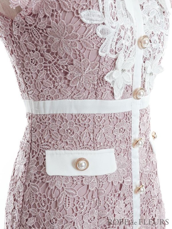画像14: XSサイズあり【ROBE de FLEURS/ローブドフルール】襟付きリボン/ フラワーレース/ タイト/ ショートスリーブ/ ミニドレス/ キャバドレス[OF08]
