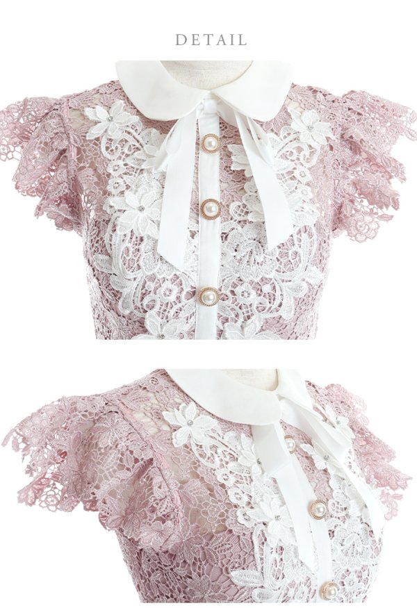 画像17: XSサイズあり【ROBE de FLEURS/ローブドフルール】襟付きリボン/ フラワーレース/ タイト/ ショートスリーブ/ ミニドレス/ キャバドレス[OF08]