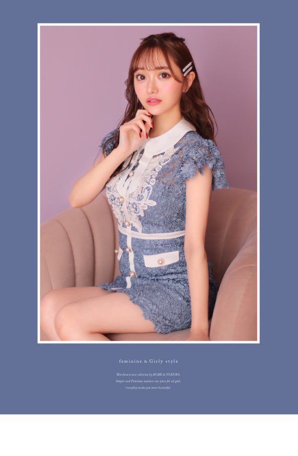 画像10: XSサイズあり【ROBE de FLEURS/ローブドフルール】襟付きリボン/ フラワーレース/ タイト/ ショートスリーブ/ ミニドレス/ キャバドレス[OF08]