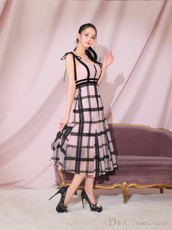 画像4: Lサイズあり【DEA./ディア】チュールチェック/ リボンショルダー/ ノースリーブ/ Aライン/ フレア/ ミモレ丈/ ワンピース/ ミディアムドレス/ キャバドレス【OF08】