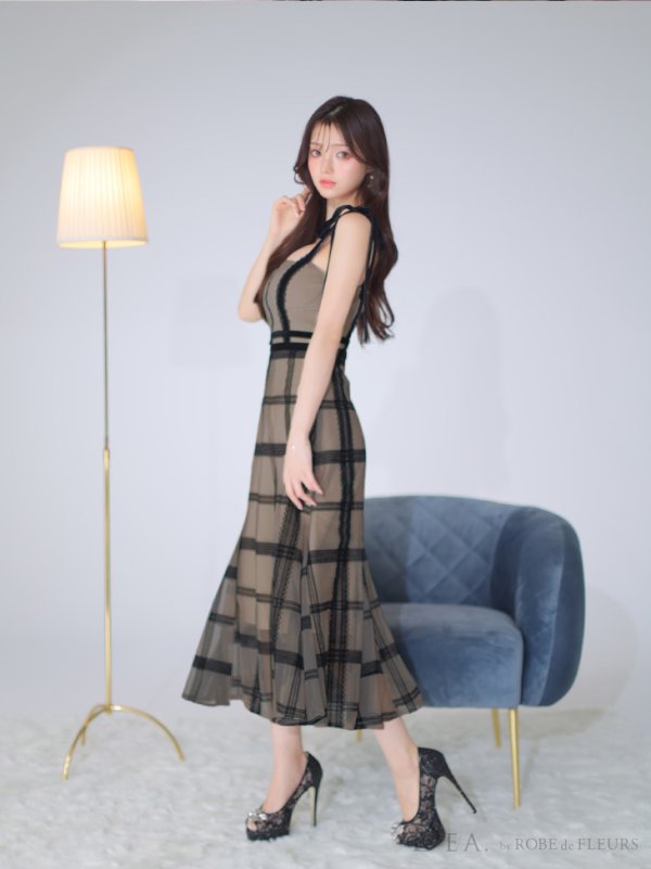 画像6: Lサイズあり【DEA./ディア】チュールチェック/ リボンショルダー/ ノースリーブ/ Aライン/ フレア/ ミモレ丈/ ワンピース/ ミディアムドレス/ キャバドレス【OF08】