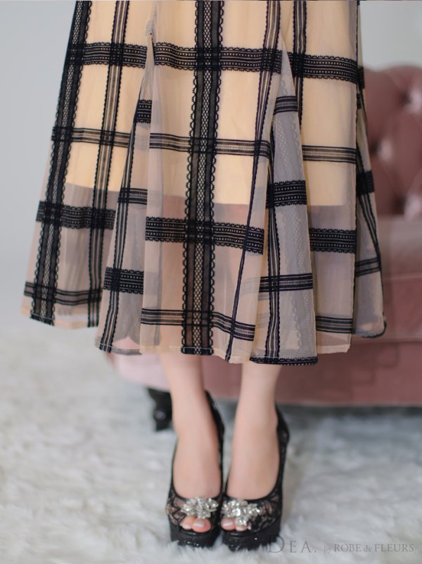 画像8: Lサイズあり【DEA./ディア】チュールチェック/ リボンショルダー/ ノースリーブ/ Aライン/ フレア/ ミモレ丈/ ワンピース/ ミディアムドレス/ キャバドレス【OF08】