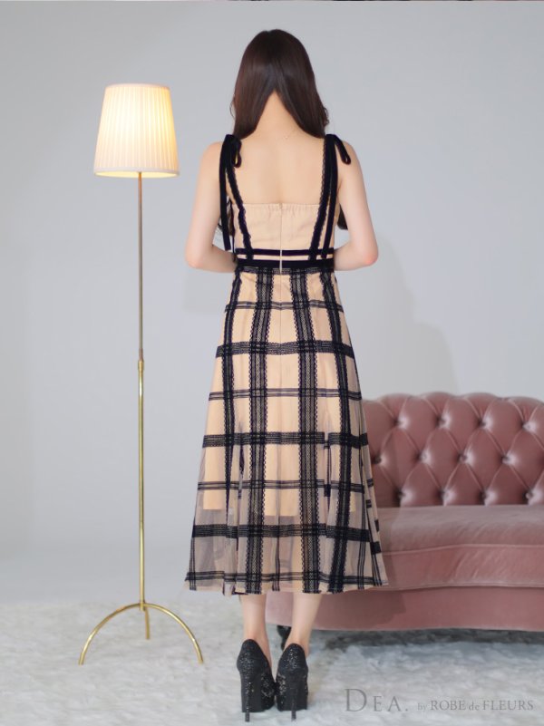 画像9: Lサイズあり【DEA./ディア】チュールチェック/ リボンショルダー/ ノースリーブ/ Aライン/ フレア/ ミモレ丈/ ワンピース/ ミディアムドレス/ キャバドレス【OF08】