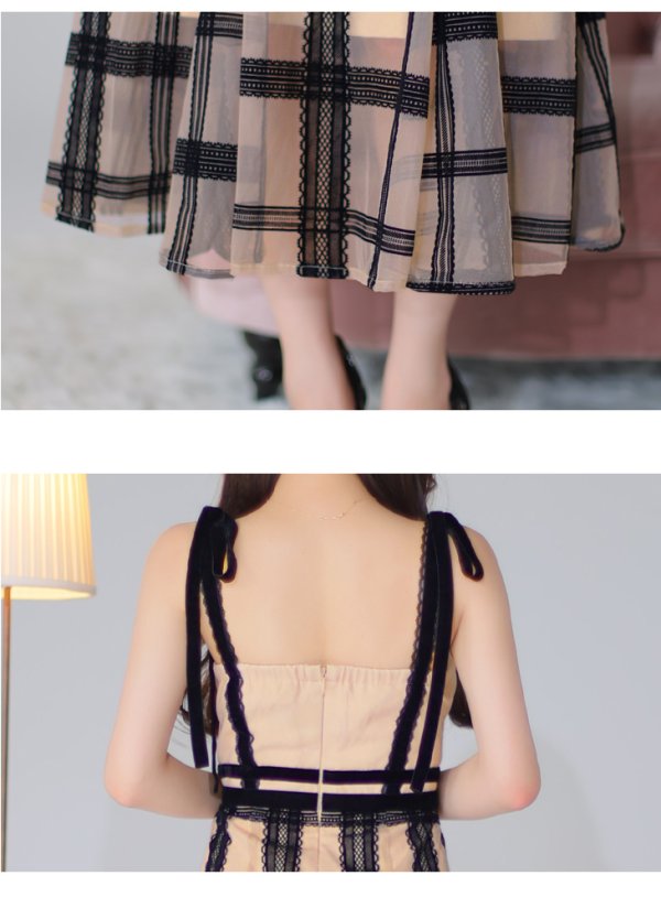 画像17: Lサイズあり【DEA./ディア】チュールチェック/ リボンショルダー/ ノースリーブ/ Aライン/ フレア/ ミモレ丈/ ワンピース/ ミディアムドレス/ キャバドレス【OF08】