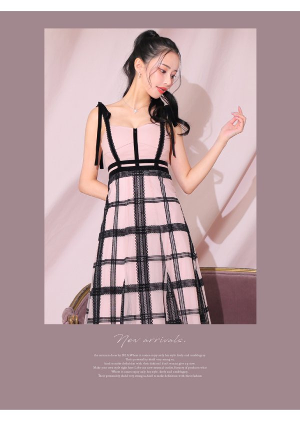 画像13: Lサイズあり【DEA./ディア】チュールチェック/ リボンショルダー/ ノースリーブ/ Aライン/ フレア/ ミモレ丈/ ワンピース/ ミディアムドレス/ キャバドレス【OF08】