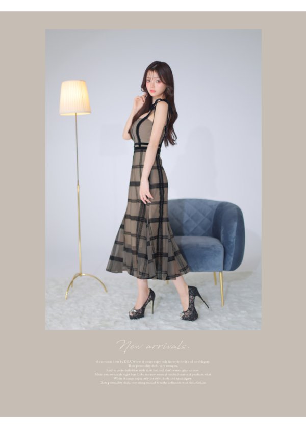 画像14: Lサイズあり【DEA./ディア】チュールチェック/ リボンショルダー/ ノースリーブ/ Aライン/ フレア/ ミモレ丈/ ワンピース/ ミディアムドレス/ キャバドレス【OF08】