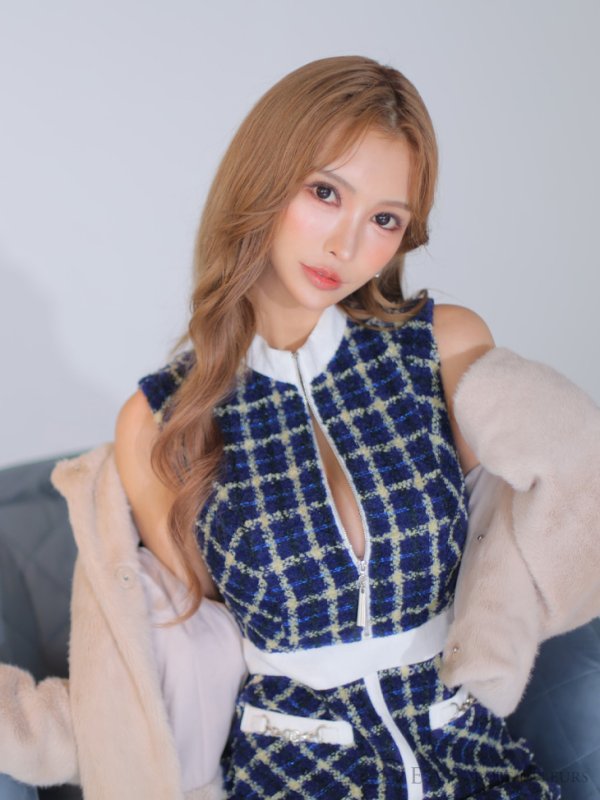 画像4: Lサイズあり【DEA./ディア】ツイード/ チェック/ ジップ/ 谷間魅せ/ Aライン/ ワンピース/ ミニドレス/ フレア/ キャバドレス【OF08】