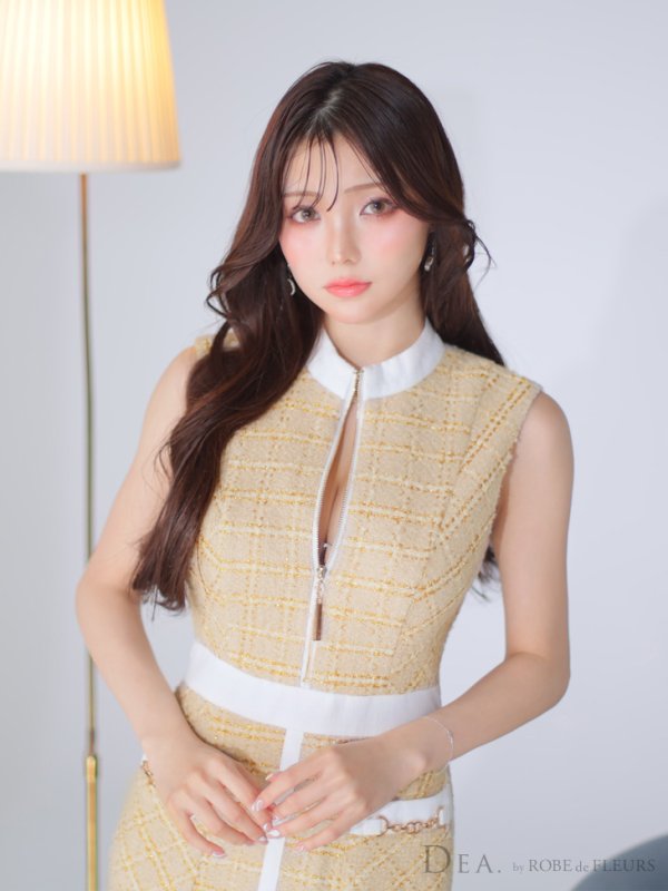 画像6: Lサイズあり【DEA./ディア】ツイード/ チェック/ ジップ/ 谷間魅せ/ Aライン/ ワンピース/ ミニドレス/ フレア/ キャバドレス【OF08】