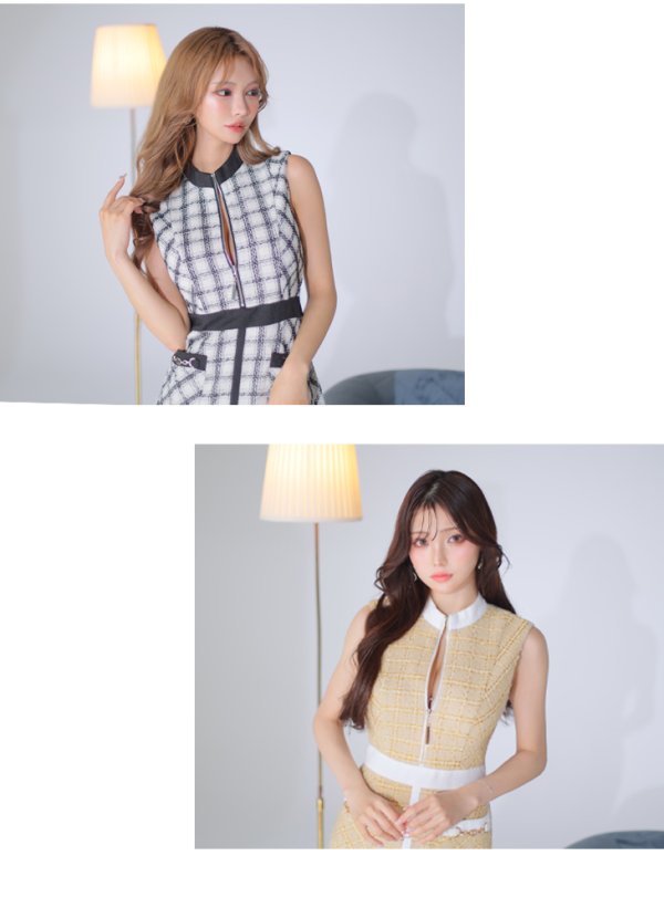 画像10: Lサイズあり【DEA./ディア】ツイード/ チェック/ ジップ/ 谷間魅せ/ Aライン/ ワンピース/ ミニドレス/ フレア/ キャバドレス【OF08】