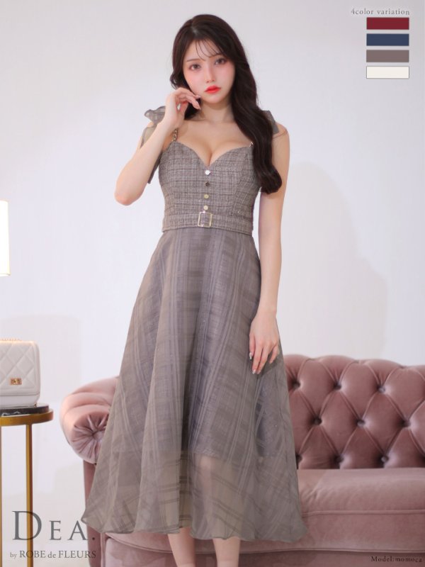 画像2: Lサイズあり【DEA. by ROBE de FLEURS/ディアバイローブドフルール】ラメツイード/ チェックオーガンジー/ キャミソール/ Aライン/ フレア/ ミモレ丈/ ミディアム丈/ ワンピース/ ミディアムドレス/ キャバドレス[OF2]