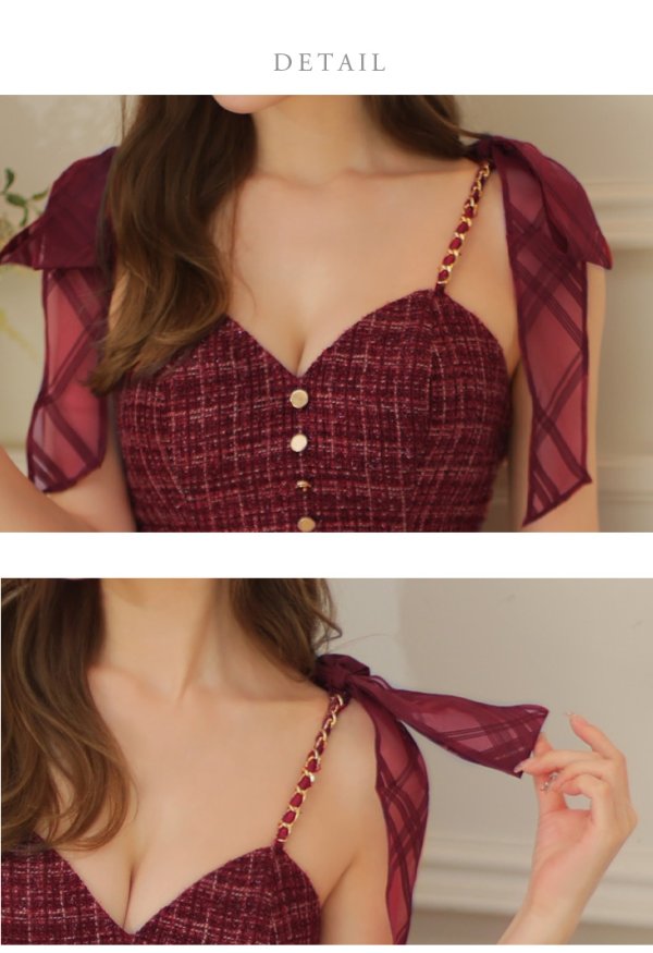 画像24: Lサイズあり【DEA./ディア】ラメツイード/ チェックオーガンジー/ キャミソール/ Aライン/ フレア/ ミモレ丈/ ミディアム丈/ ワンピース/ ミディアムドレス/ キャバドレス【OF08】