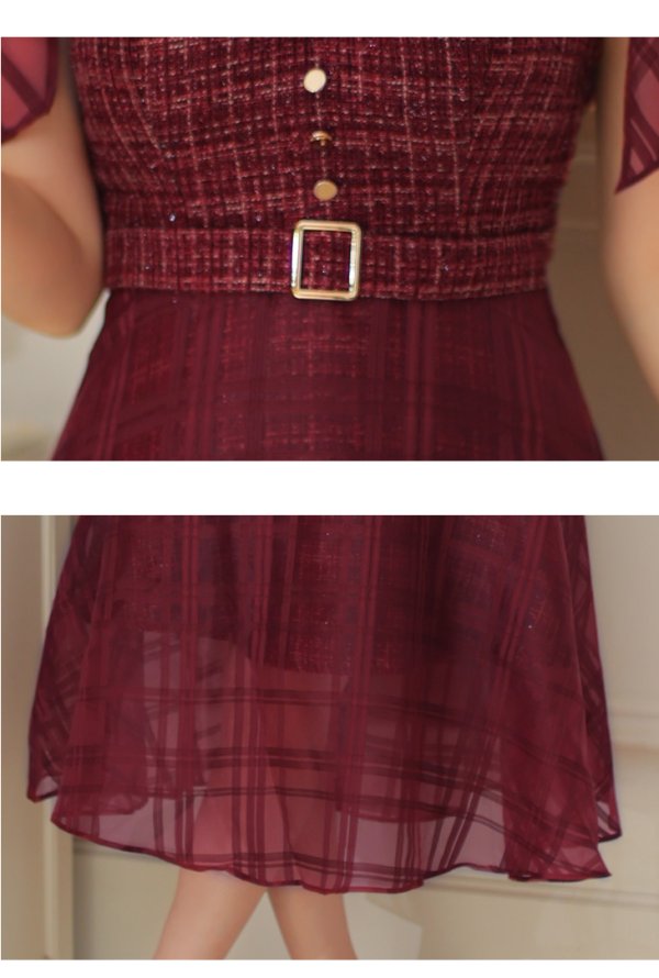 画像25: Lサイズあり【DEA./ディア】ラメツイード/ チェックオーガンジー/ キャミソール/ Aライン/ フレア/ ミモレ丈/ ミディアム丈/ ワンピース/ ミディアムドレス/ キャバドレス【OF08】