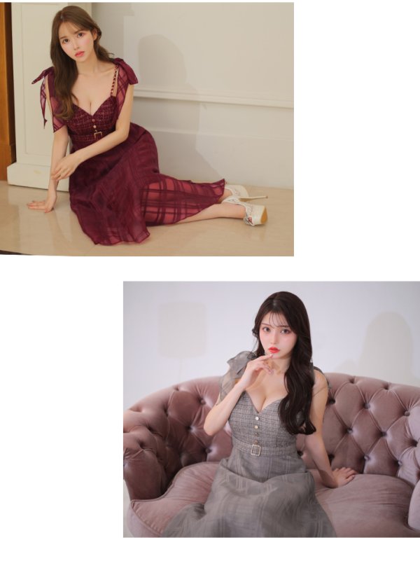 画像26: Lサイズあり【DEA./ディア】ラメツイード/ チェックオーガンジー/ キャミソール/ Aライン/ フレア/ ミモレ丈/ ミディアム丈/ ワンピース/ ミディアムドレス/ キャバドレス【OF08】