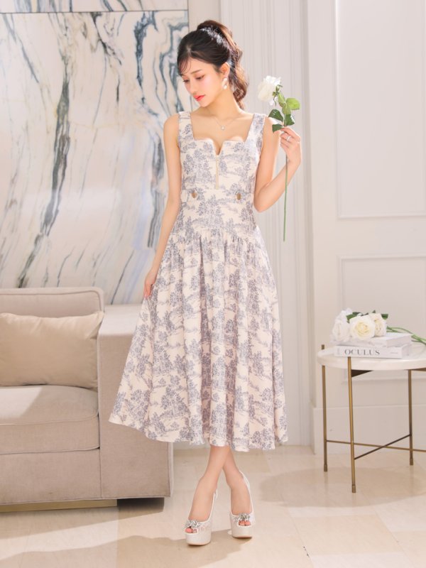 画像6: Lサイズあり【DEA./ディア】ジャガード/ バストジッパー/ フレア/ ロング/ ミディアムドレス/ キャバドレス[OF08]