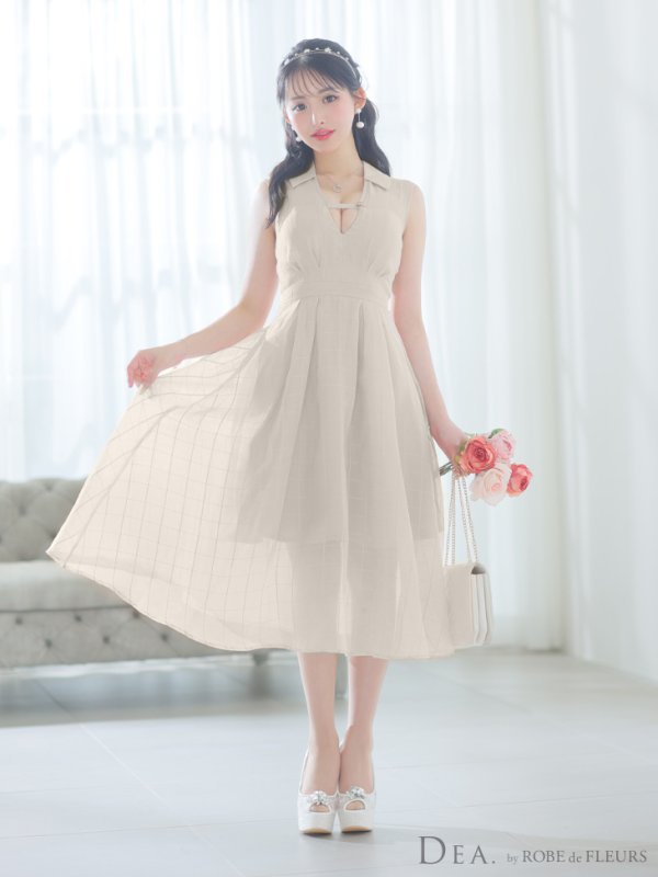 画像4: Lサイズあり【DEA./ディア】バストベルト/ チェック/ オーガンジー/ ノースリーブ/ フレア/ ミディアムドレス/ キャバドレス[OF08]