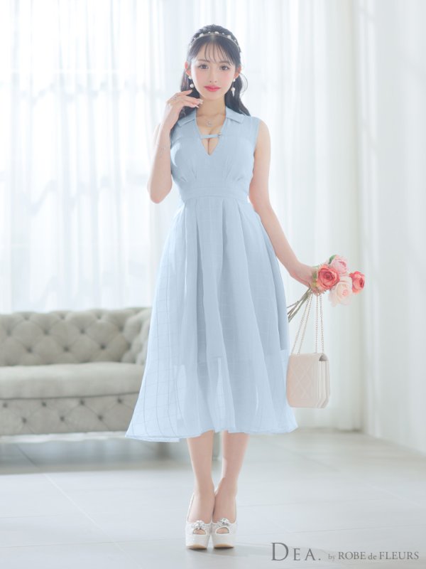 画像8: Lサイズあり【DEA./ディア】バストベルト/ チェック/ オーガンジー/ ノースリーブ/ フレア/ ミディアムドレス/ キャバドレス[OF08]