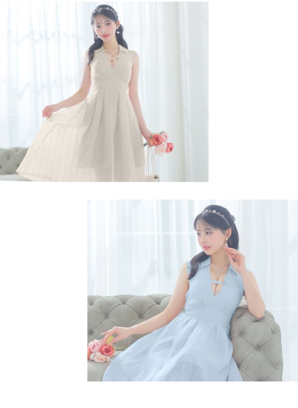 画像10: Lサイズあり【DEA./ディア】バストベルト/ チェック/ オーガンジー/ ノースリーブ/ フレア/ ミディアムドレス/ キャバドレス[OF08]