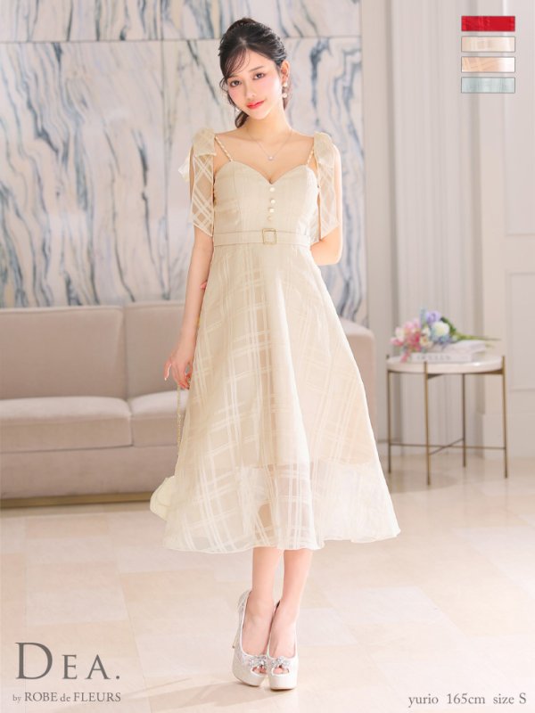 画像2: XS-Lサイズあり【DEA. by ROBE de FLEURS/ディアバイローブドフルール】肩リボン/ チェック柄/ オーガンジー/ フレア/ ロング/ キャミ/ ミディアムドレス/ キャバドレス[OF2]