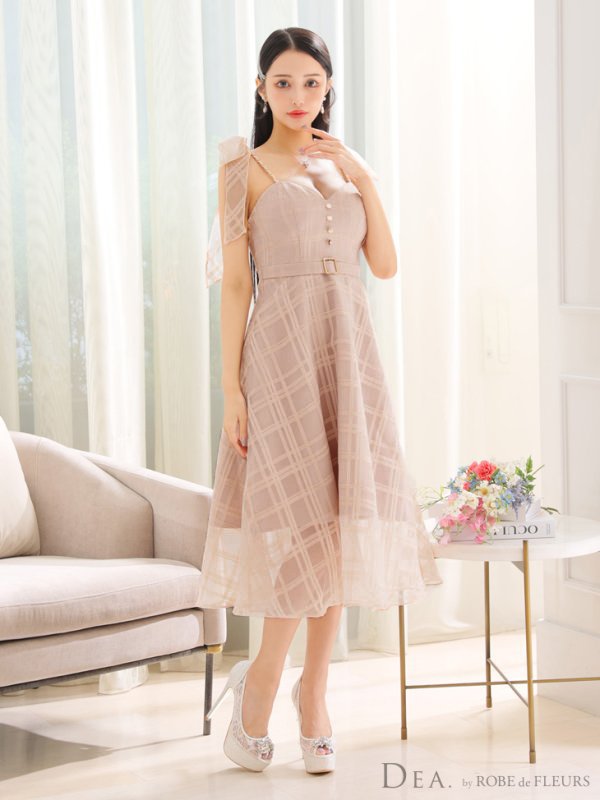画像14: XS-Lサイズあり【DEA./ディア】肩リボン/ チェック柄/ オーガンジー/ フレア/ ロング/ キャミ/ ミディアムドレス/ キャバドレス[OF08]