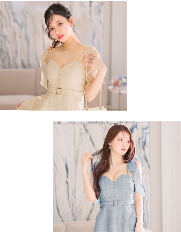 画像17: XS-Lサイズあり【DEA./ディア】肩リボン/ チェック柄/ オーガンジー/ フレア/ ロング/ キャミ/ ミディアムドレス/ キャバドレス[OF08]