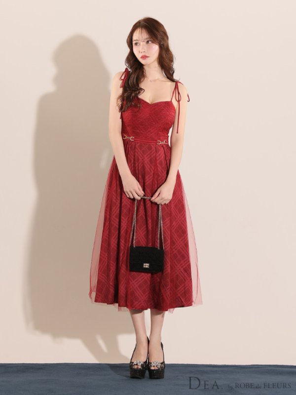 画像24: Lサイズあり【DEA./ディア】チュールチェック/ ベルトデザイン/ キャミ/ フレア/ ミモレ丈/ ミディアムドレス/ キャバドレス[OF08]