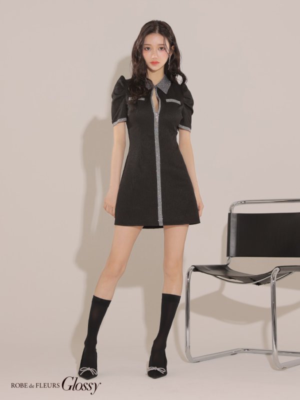 画像9: XSサイズあり【Glossy/グロッシー】襟付き/ 半袖/ ラメニット/ パイピング/ マニッシュ/ フレア/ ミニドレス/ キャバドレス[OF08]