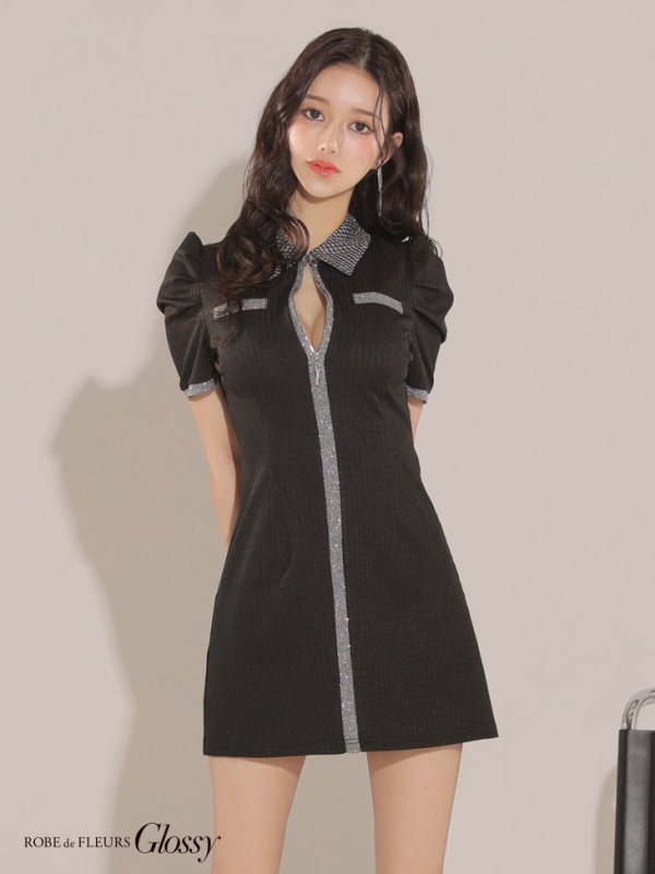 画像10: XSサイズあり【Glossy/グロッシー】襟付き/ 半袖/ ラメニット/ パイピング/ マニッシュ/ フレア/ ミニドレス/ キャバドレス[OF08]