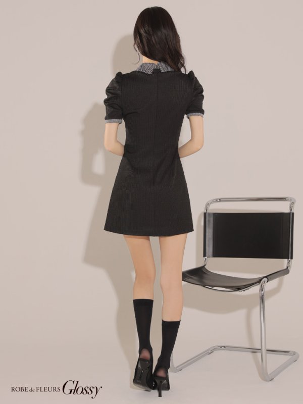 画像12: XSサイズあり【Glossy/グロッシー】襟付き/ 半袖/ ラメニット/ パイピング/ マニッシュ/ フレア/ ミニドレス/ キャバドレス[OF08]