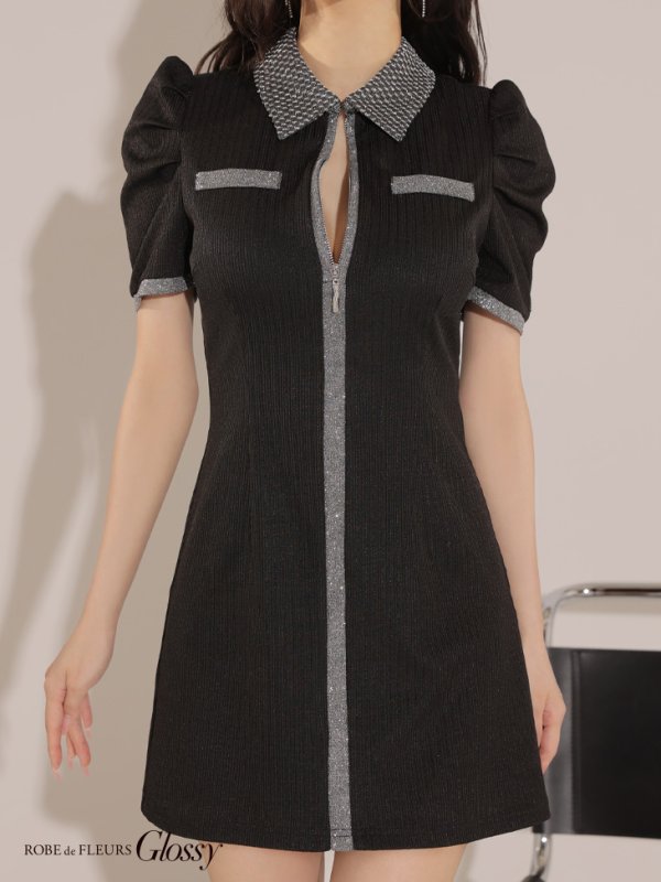 画像13: XSサイズあり【Glossy/グロッシー】襟付き/ 半袖/ ラメニット/ パイピング/ マニッシュ/ フレア/ ミニドレス/ キャバドレス[OF08]