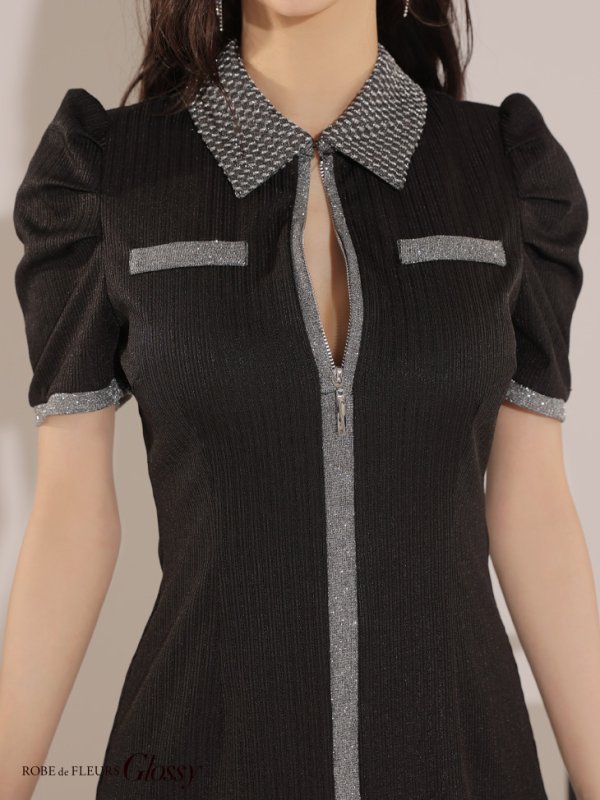 画像14: XSサイズあり【Glossy/グロッシー】襟付き/ 半袖/ ラメニット/ パイピング/ マニッシュ/ フレア/ ミニドレス/ キャバドレス[OF08]