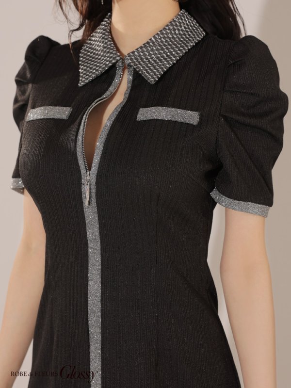 画像15: XSサイズあり【Glossy/グロッシー】襟付き/ 半袖/ ラメニット/ パイピング/ マニッシュ/ フレア/ ミニドレス/ キャバドレス[OF08]