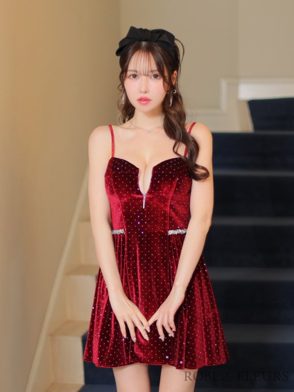 画像39: 【ゆか/関西コレクション着用】XSサイズあり【ROBE de FLEURS/ローブドフルール】ストーン付き/ ベロア/ ウエストビジュー/ キャミソール/ フレア/ ミニドレス/ キャバドレス[OF08]