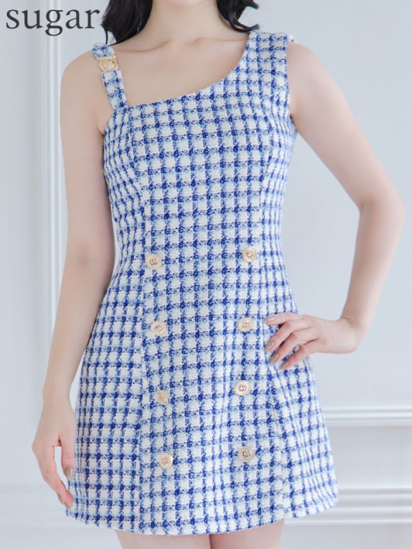 画像36: 【an/アン】チェック/ ツイード/ ボタンデザイン/ ノースリーブ/ アシンメトリー/ 台形スカート/ ミニドレス/ キャバドレス[OF05]