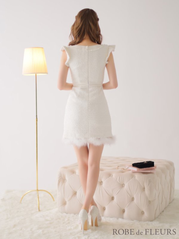 画像5: XSサイズあり【ROBE de FLEURS/ローブドフルール】ラメツイード/ クラシカル/ フリルショルダー/ ノースリーブ/ Aライン/ ミニドレス/ キャバドレス[裾のファー取り外し可能］[OF08]