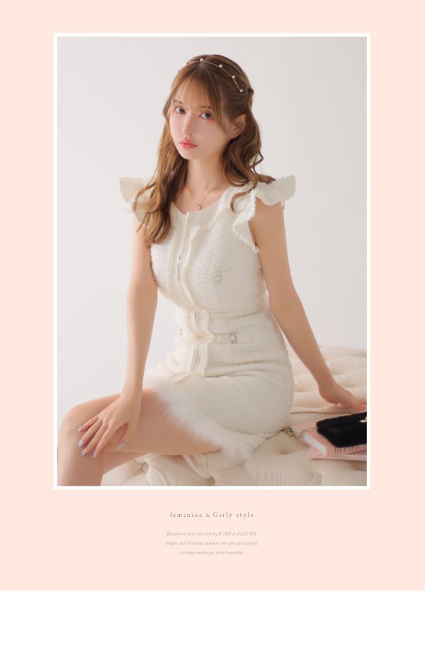 画像6: XSサイズあり【ROBE de FLEURS/ローブドフルール】ラメツイード/ クラシカル/ フリルショルダー/ ノースリーブ/ Aライン/ ミニドレス/ キャバドレス[裾のファー取り外し可能］[OF08]