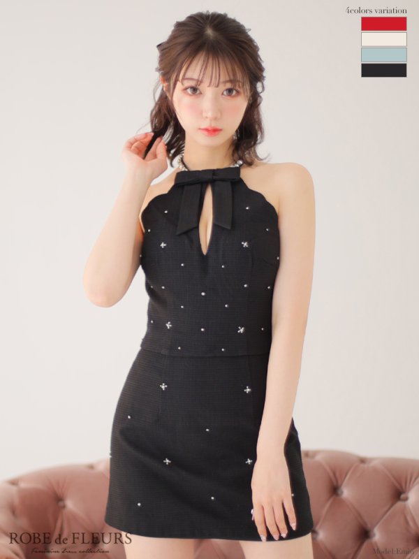 XSサイズあり【ROBE de FLEURS/ローブドフルール】セットアップ/ ホルターネック/ ビジュー/ バストカット/ リボン/ タイト/ ミニドレス/ キャバドレス　ブラック